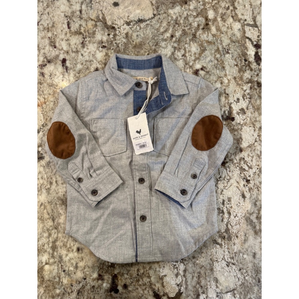 Hope & Henry Boys Organic Cotton Grey Flannel Shirt Elbow Patches 18-24M NEW